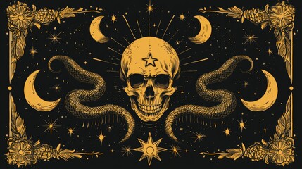 Desert americana artwork, traditional western illustrations, monoline drawing technique, golden stars and moons, skull and serpent motifs, classic western iconography, vintage tattoo sheet style
