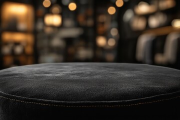 A close-up of a plush black leather ottoman with a blurred, inviting background of shelf displays.