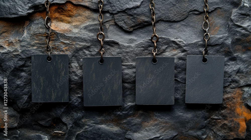 Poster A set of blank black square tags hanging from a chain against a dark stone backdrop, ideal for creating a stylish, modern display or design concept.