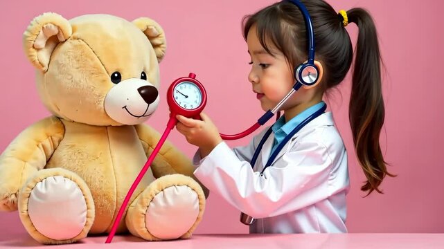 Little asia child girl dreaming about is a veterinarian using stethoscope with teddy bear on pink background. Generative 4k video