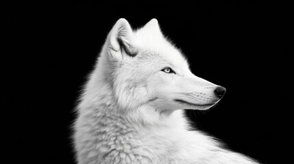 Obraz premium Elegant arctic wolf profile, pristine white fur detail, penetrating eyes, pure black background, refined animal portraiture, professional studio lighting, panoramic frame