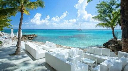 A set of elegant white outdoor furniture overlooking a tranquil ocean at a luxury resort, offering the perfect setting for relaxation and scenic views.