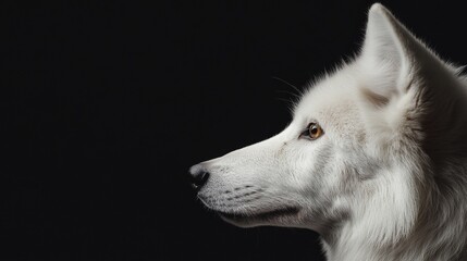 Fototapeta premium Elegant arctic wolf profile, pristine white fur detail, penetrating eyes, pure black background, refined animal portraiture, professional studio lighting, panoramic frame