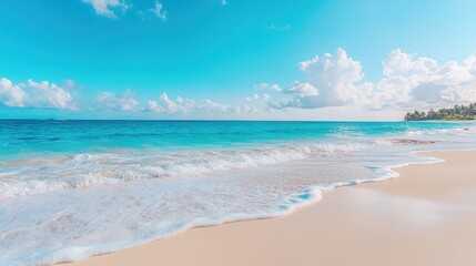 Fototapeta premium Tropical beach paradise with gentle waves and clear blue sky
