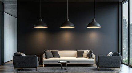 A set of modern black pendant lights suspended over a chic living room, casting warm light on the minimalist furniture