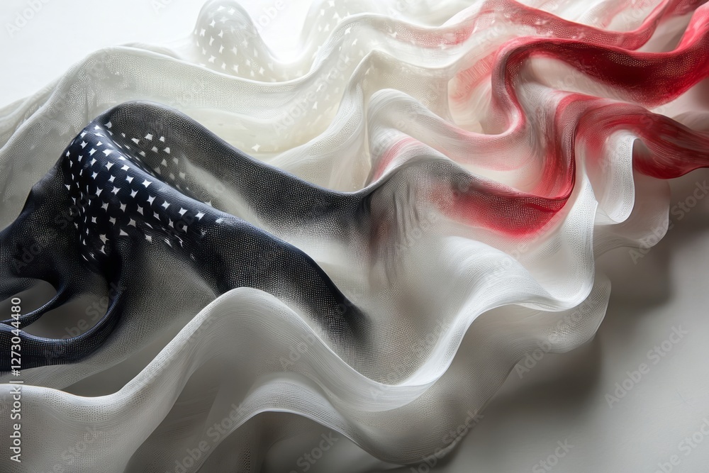 Poster an elegant draped fabric featuring the colors and patterns of the american flag, creating a flowing 