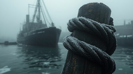 Obraz premium Frozen mooring ropes on foggy harbor