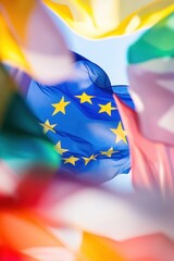 European Union flag waving among colorful international flags, symbolizing unity, diversity, and global cooperation in Europeâ€™s cultural landscape.