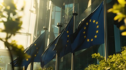 European Union Flags Displayed at Government Building During Daylight for International Relations and Politics Representation