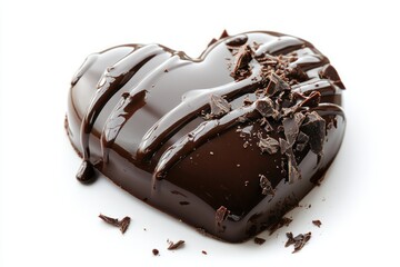 Decadent dark chocolate heart with chocolate shavings, perfect for romantic occasions.