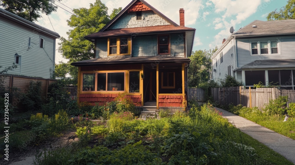 Poster a slider showing the transformation of a dilapidated house to a completed custom home, with vibrant 