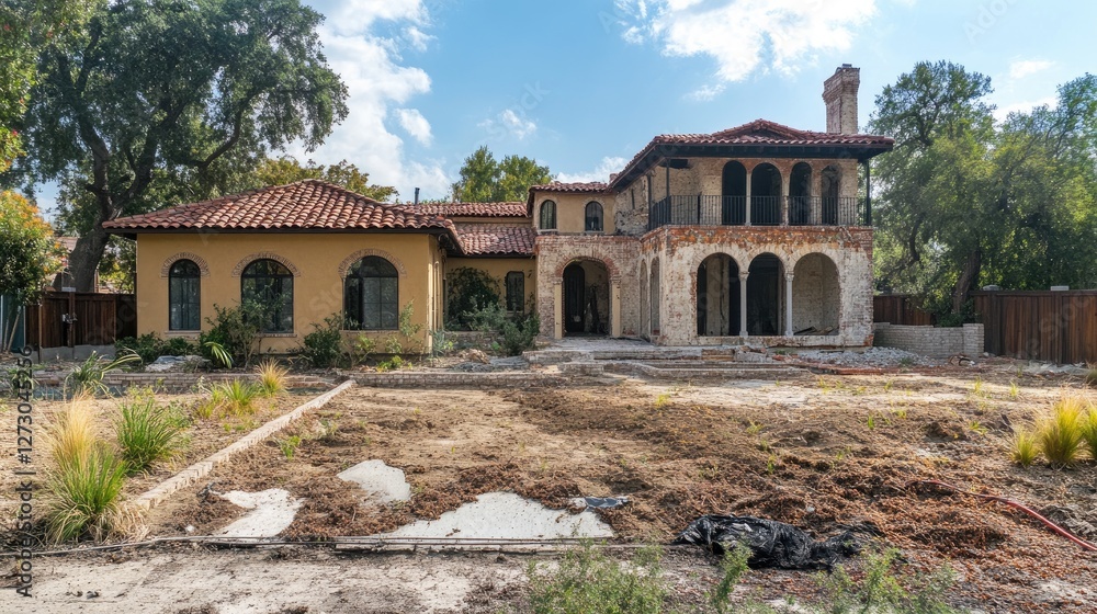 Poster a slider showing the transformation of a dilapidated house to a completed custom home, with vibrant 