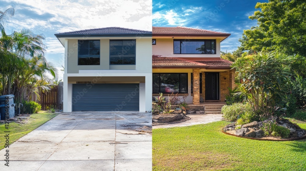 Poster a slider showing the transformation of a dilapidated house to a completed custom home, with vibrant 
