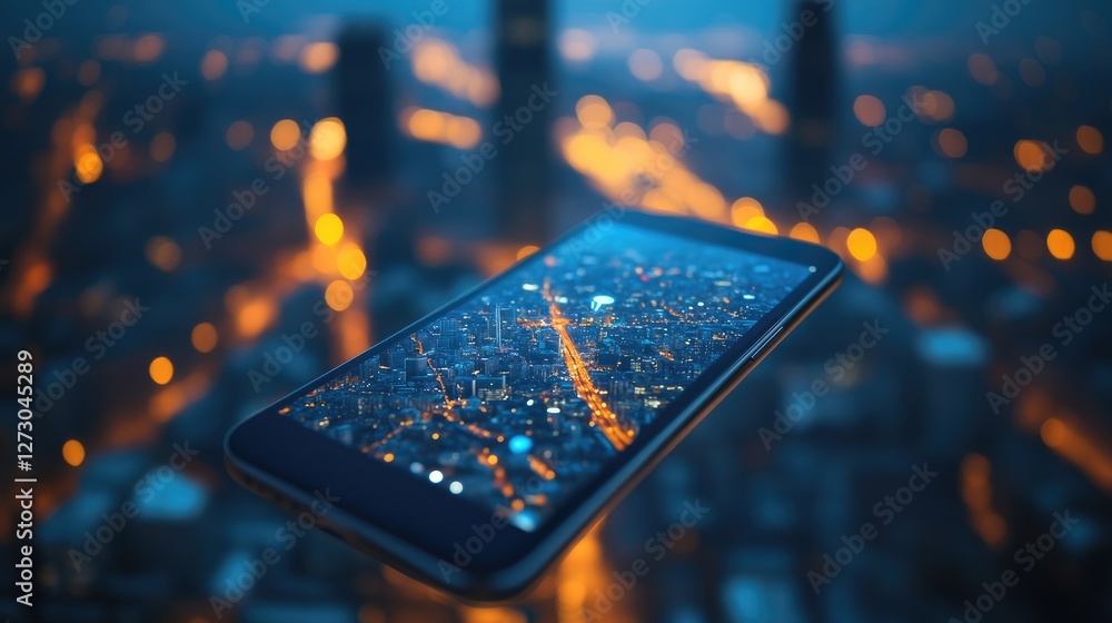 Poster A smartphone displaying GPS coordinates on a map of the city at night, illuminated by the soft glow of streetlights and building lights.