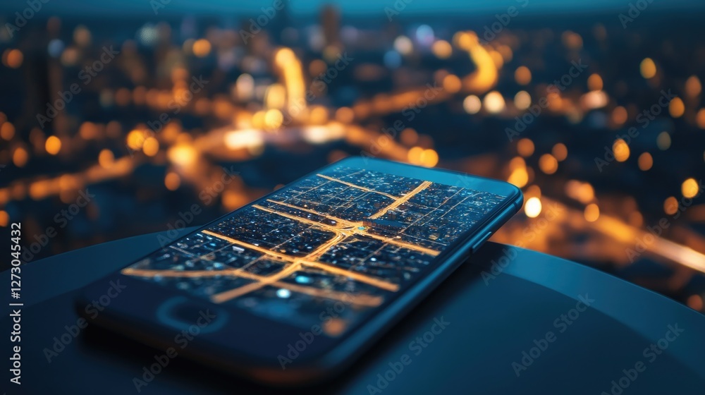 Poster a smartphone screen showing a real-time gps position on a city map at night, surrounded by the glowi