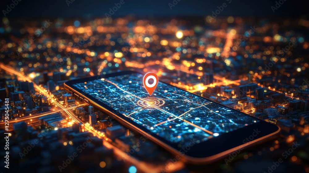 Poster a smartphone screen showing a real-time gps position on a city map at night, surrounded by the glowi