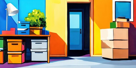 office relocation concept with moving boxes in the corporate office