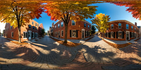 Full 360 degrees seamless spherical panorama HDRI equirectangular projection of An idyllic small town. Texture environment map for lighting and reflection source rendering 3d scenes.