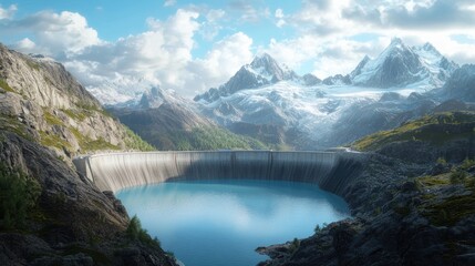 Stunning gigapixel view of mountain range with water storage facility in serene setting