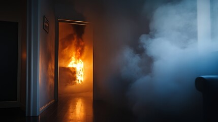 Fototapeta premium Intense flames illuminate a dim hallway, creating an eerie yet captivating atmosphere in a home engulfed by smoke during an unexpected fire incident