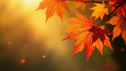 Amber hues of fall maple leaves dance in gentle autumn breeze, golden, leaf, maple