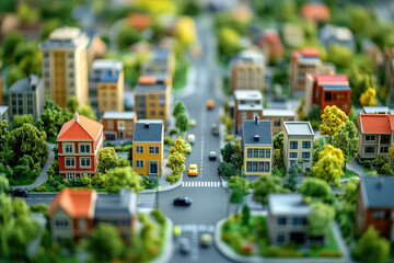 A miniature city model showcasing residential buildings, streets, and tiny cars, creating a charming and detailed urban landscape.