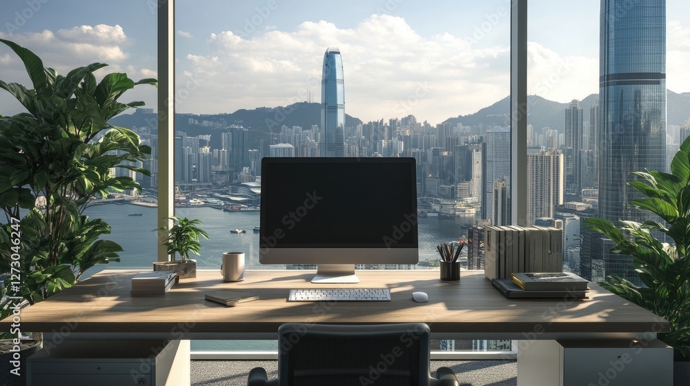 Poster a spacious modern office desk with a view of the hong kong skyline, set with a computer, books, a mo