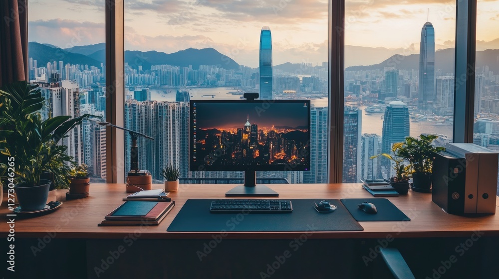 Poster a spacious modern office desk with a view of the hong kong skyline, set with a computer, books, a mo