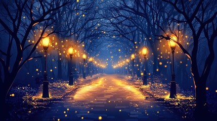Fototapeta premium A charming nighttime walkway with warm streetlights casting a golden glow on the pavement.