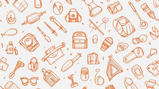 Hiking gear sketches, outdoor adventure elements, simple line artwork, orange accent details, camping equipment icons, informal drawing style, modern minimal design