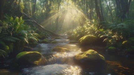 Magical forest stream scene, morning sunbeams through canopy, mossy rocks in flowing water, golden light rays, dense green foliage, adventure landscape photography, ethereal atmosphere