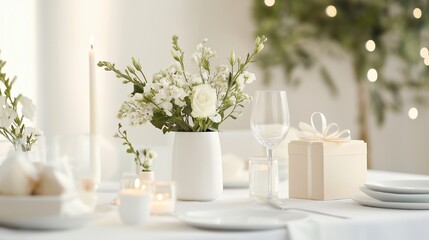 Elegant table setting with white flowers and candles creates a serene atmosphere for a special celebration