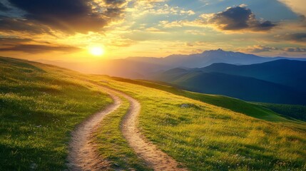 Majestic mountain ridge path, winding dirt track, emerald alpine meadow, epic mountain range backdrop, dramatic sky, atmospheric landscape, golden hour photography