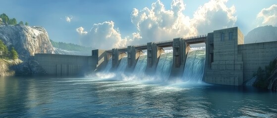 Aerial view of hydropower turbines generating sustainable energy at river dam site