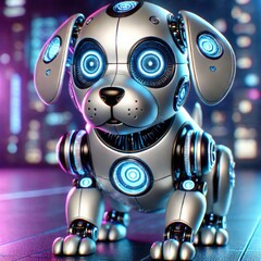 futuristic robotic puppy with glowing LED eyes and metallic features