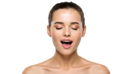 A close-up portrait of a young woman's face with an open mouth, feeling good