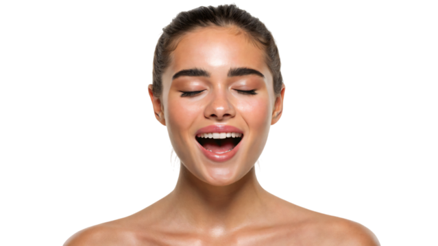 A close-up portrait of a young woman's face with an open mouth, feeling good