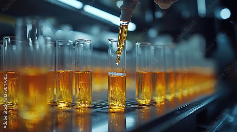 Poster scientist using pipette to add liquid to multiple transparent test tubes in laboratory setting