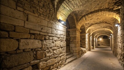 Fototapeta premium Bokeh Effect Photo: Historic Castle Basement, Calcareous Sandstone Masonry, Ancient Architecture, Stone Walls, Medieval Building