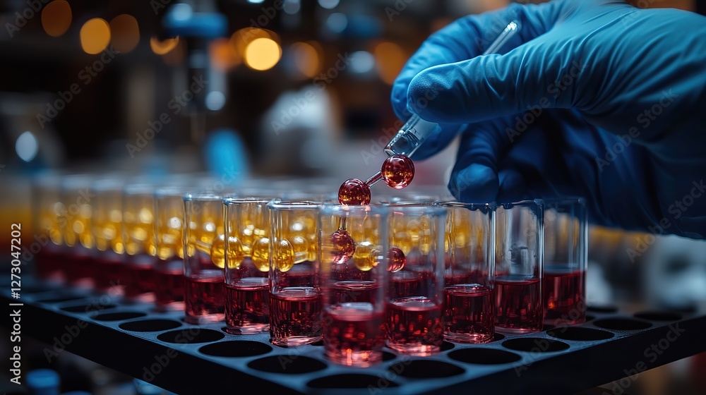 Poster scientists conducting biotechnology experiment in laboratory analyzing molecule model and adding che