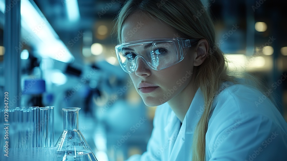 Poster scientists in lab coats and safety goggles working on chemistry experiments with test tubes flasks a