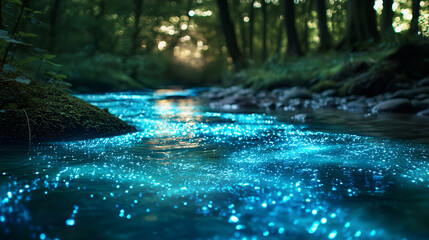 Glowing river of life in a bioluminescent forest