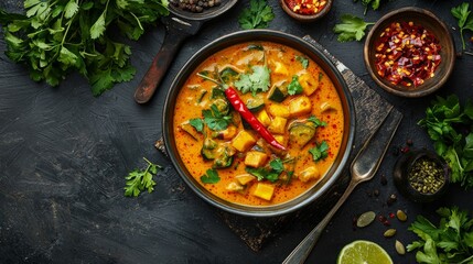 A bowl of spicy mixed vegetable curry with red chili oil floating on top, giving it an extra fiery look.