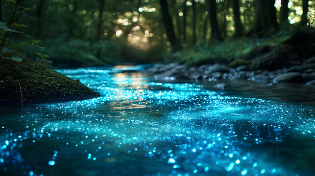 Glowing river of life in a bioluminescent forest