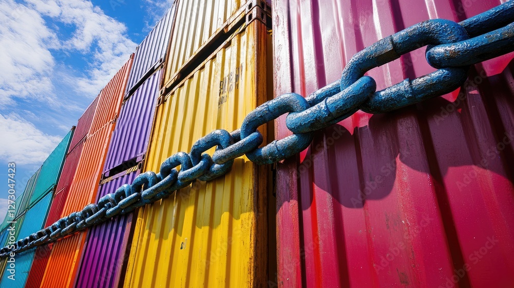 Poster A symbolic image of a large chain blocking colorful cargo containers, representing obstacles, sanctions, and global trade wars affecting international markets.