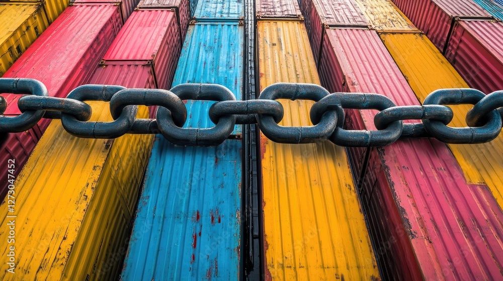 Poster A symbolic image of a large chain blocking colorful cargo containers, representing obstacles, sanctions, and global trade wars affecting international markets.