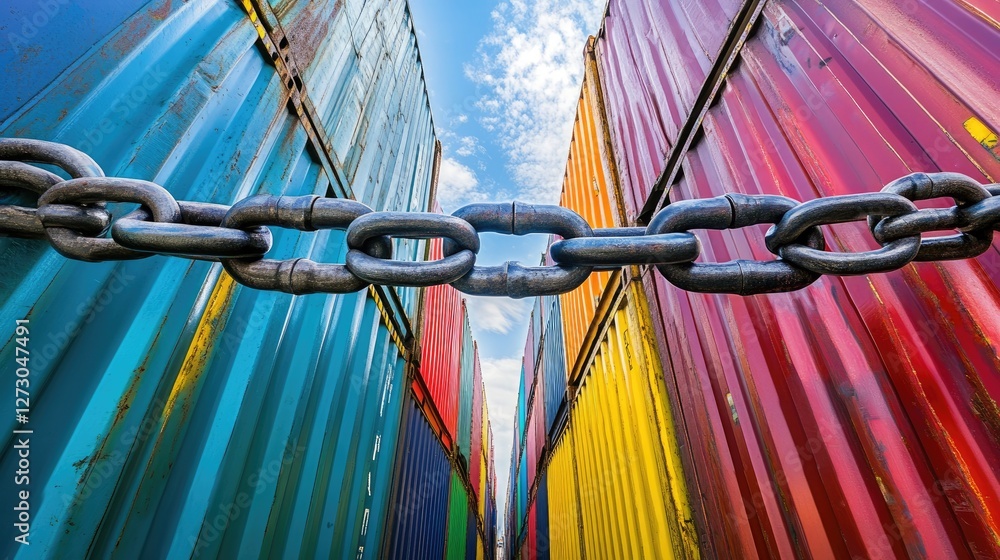 Aufkleber A symbolic image of a large chain blocking colorful cargo containers, representing obstacles, sanctions, and global trade wars affecting international markets.