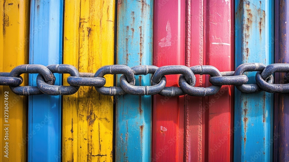 Aufkleber A symbolic image of a large chain blocking colorful cargo containers, representing obstacles, sanctions, and global trade wars affecting international markets.