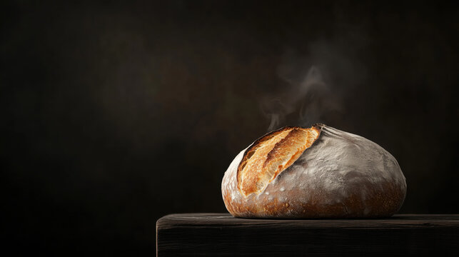 Fresh baked bread loaf with steam against dark background. Artisanal baking