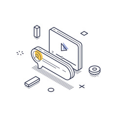 Online marketing through digital elements like screens and user icons. It captures the essence of digital engagement in a modern environment. Modern isometric line art vector illustration